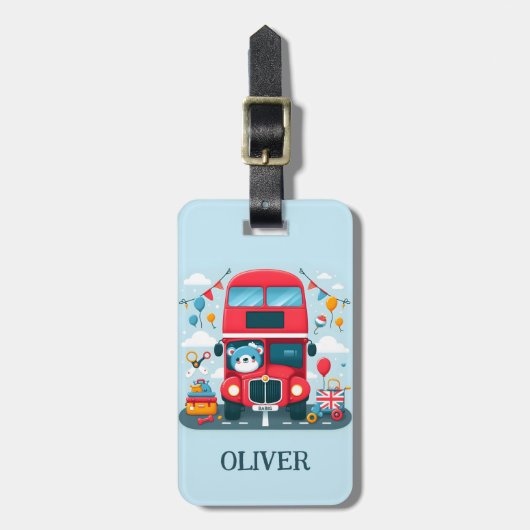 Schattigee London Double Deck Bus en Teddy Bear Bagagelabel (Voorkant verticaal)