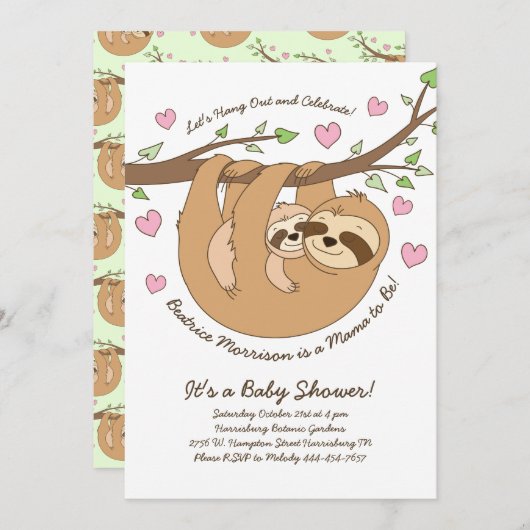 Schattigee Luiaard Baby shower Mama en Baby Kaart (Voorkant / Achterkant)