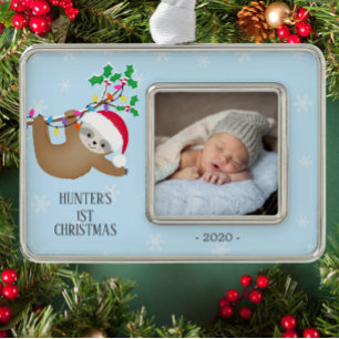 Schattigee Luiaard Eerste Kerstfoto Verzilverd Kader Ornament