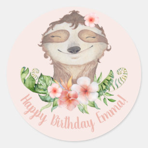 Schattigee luiaard gepersonaliseerd Happy Birthday Ronde Sticker