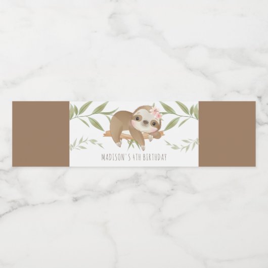 Schattigee luiaard gepersonaliseerd meisje verjaar waterfles etiket (Enkel label)