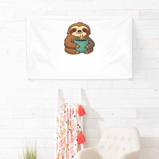 Schattigee Luiaard met Koffie Mok – Gezellig Relax Spandoek (Insitu)