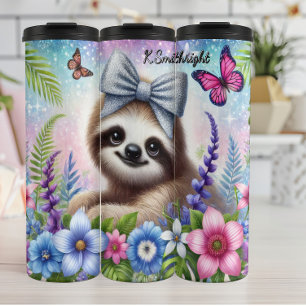 Schattigee luiaard met vlinders en bloemen thermosbeker