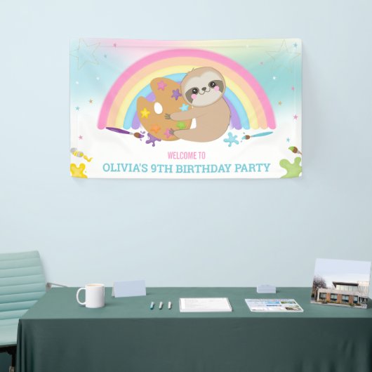 Schattigee luiaard regenboogverf kunst verjaardags spandoek (Beurs)