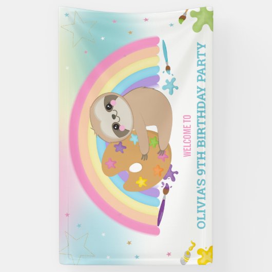 Schattigee luiaard regenboogverf kunst verjaardags spandoek (Verticaal)