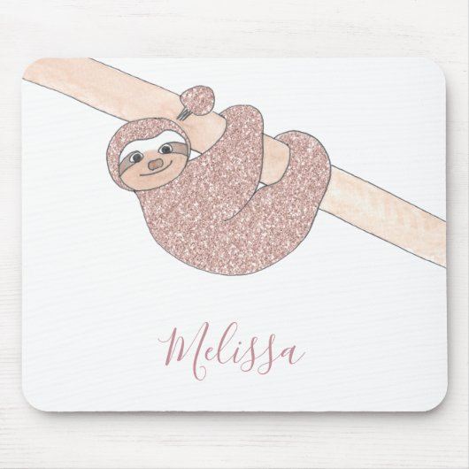 Schattigee Luiaard Roos Gouden Glitter Custom Muismat (Voorkant)