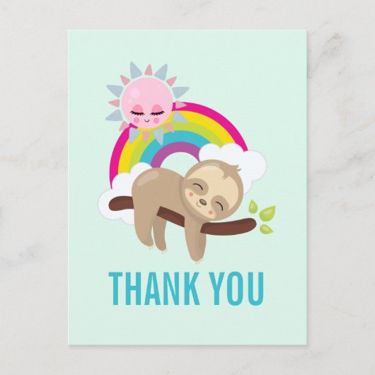 Schattigee luie luiaard met zon & regenboog dank u briefkaart (Voorkant)