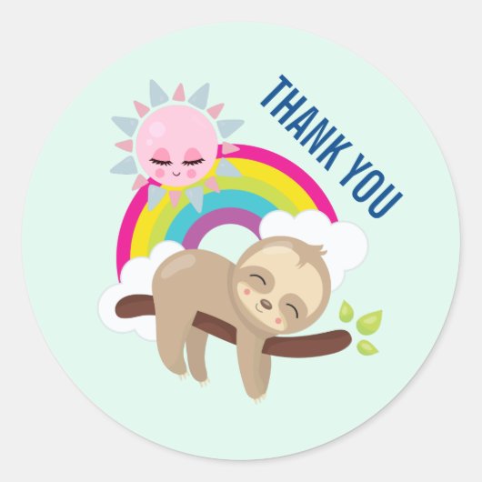 Schattigee luie luiaard met zon & regenboog dank u ronde sticker (Voorkant)