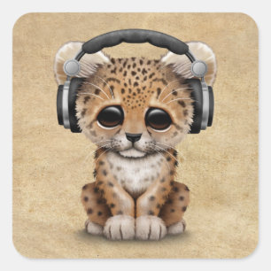 Schattigee luipaard welp dj dragen hoofdtelefoon vierkante sticker