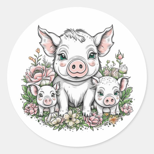 Schattigee Mama Varkens en Biggen in Bloemen Ronde Sticker (Voorkant)