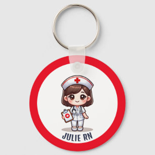 Schattigee Manga Nurse Brunette Karikatuur Custom Sleutelhanger