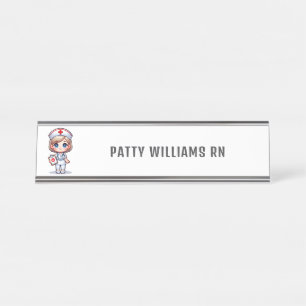 Schattigee manga verpleegkundige met blond haar ge bureau naambordje