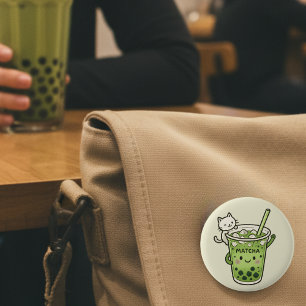 Schattigee Matcha Bubble Tea met Cat Kawaii Iced D Ronde Button 5,7 Cm
