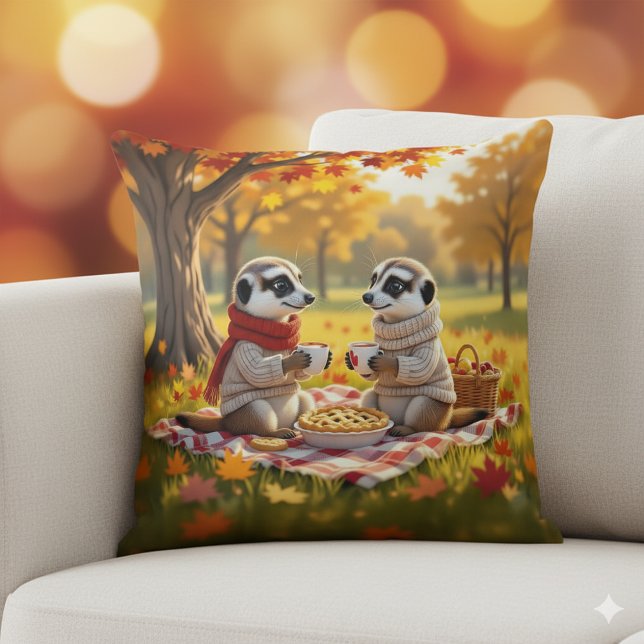 Schattigee Meerkats in herfstkleding tijdens een p Kussen (Meerkats in Autumn Attire Throw Pillow Cover Photo)