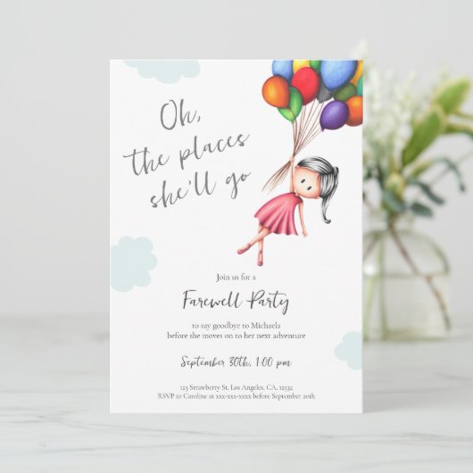 Schattigee meisje ballonnen afscheid kaart (Staand voorkant)