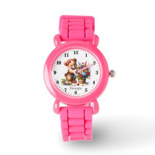 Schattigee meisjes bloem beer Voeg naam toe Horloge