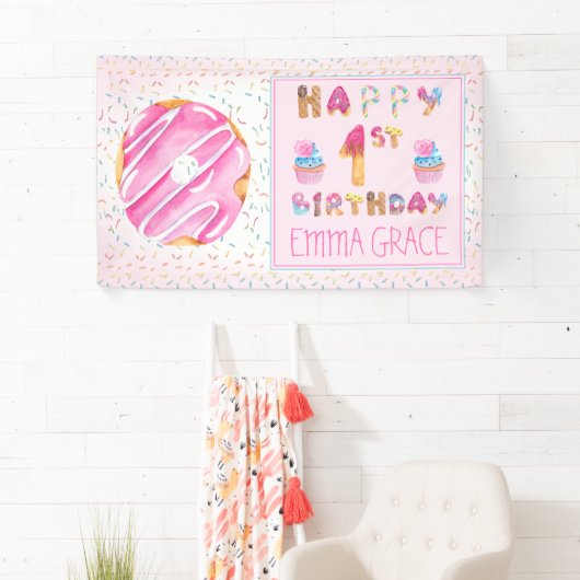 Schattigee meisjes Donuts | Cupcakes Gelukkige 1e Spandoek (Insitu)