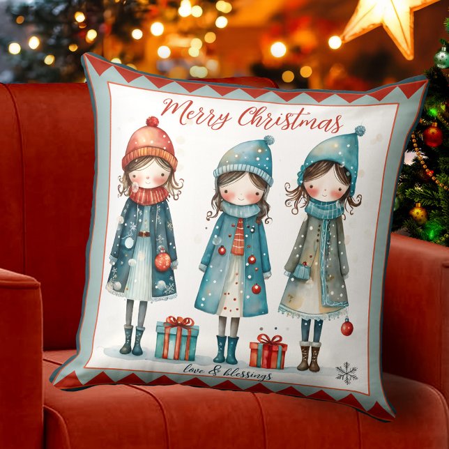 Schattigee meisjes grillig feestelijk kerstkussen kussen (Christmas Holidays pillow with a cute whimsical design showing 3 girls bringing gifts and blessings)