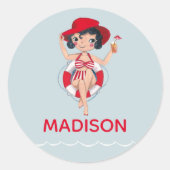 Schattigee Meisjes Pool Party Naam Ronde Sticker (Voorkant)