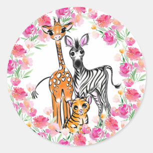 Schattigee meisjessafari vrienden, giraffe, zebra, ronde sticker