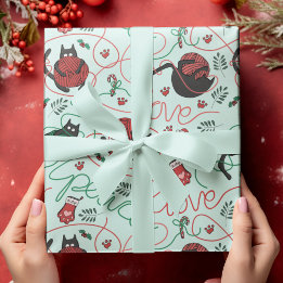 Schattigee Mint Kerstvrede en Love Yarn Katten Cadeaupapier