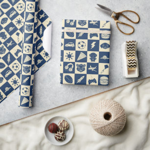 Schattigee moderne blauw geruite iconen Patroon Bo Cadeaupapier