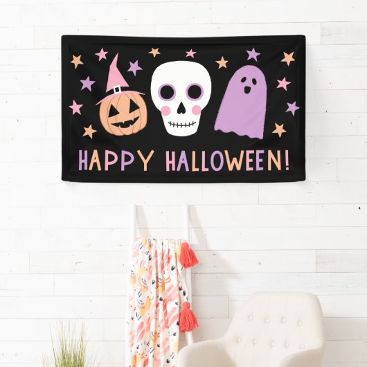 Schattigee Moderne Pastel Schedel Ghost Happy Hall Spandoek (Insitu)