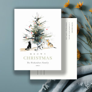 Schattigee moderne Waterverf Meowy kerstboomkatten Feestdagenkaart