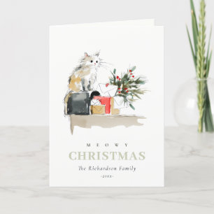 Schattigee Moderne Waterverf Meowy Kerstcadeau Cat Feestdagen Kaart