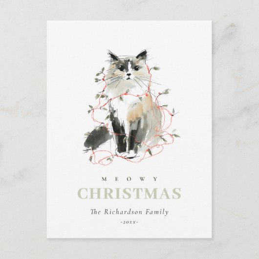 Schattigee Moderne Waterverf Meowy Kerstverlichtin Feestdagenkaart (Voorkant)