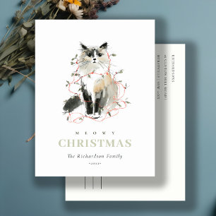 Schattigee Moderne Waterverf Meowy Kerstverlichtin Feestdagenkaart