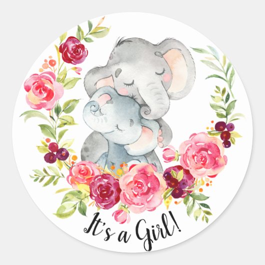 Schattigee Moeder & Baby Olifant Het is een Meisje Ronde Sticker (Voorkant)