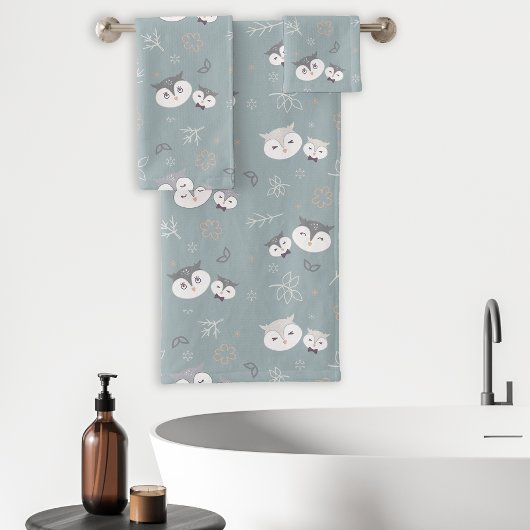 Schattigee moeder en zoon uil patroon blauw-grijs bad handdoek