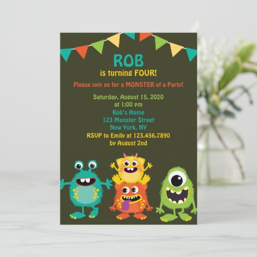 Schattigee Monsters Verjaardagsfeestuitnodiging Kaart (Staand voorkant)