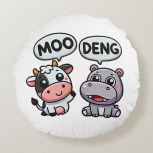 Schattigee Moo Deng & Koe Fun Rond Kussen