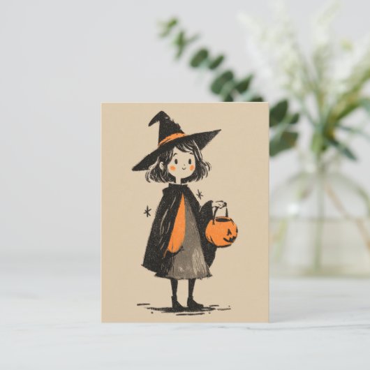 Schattigee mooie heks meisje retro minimalistische briefkaart (Staand voorkant)
