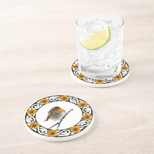 Schattigee mooie Robin vogel Redbreast zonnebloem Zandsteen Onderzetter