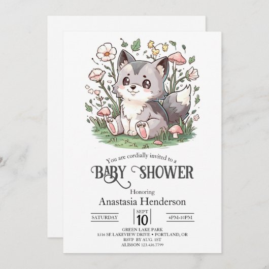 Schattigee Mooie Wolf Baby shower Digitaal Kaart (Voorkant / Achterkant)