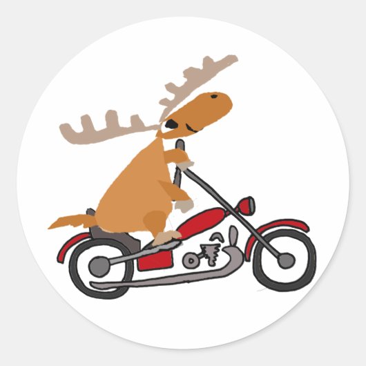 Schattigee Moose Riding Motorcycle Cartoon Ronde Sticker (Voorkant)