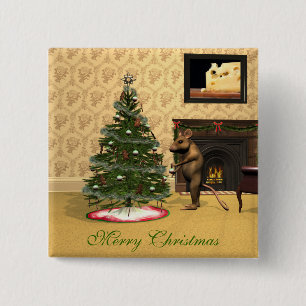 Schattigee muis die een kerstboom versiert vierkante button 5,1 cm