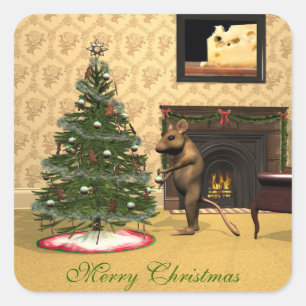 Schattigee muis die een kerstboom versiert vierkante sticker