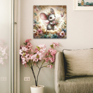 Schattigee Muis Dragen Bloemen Waterverf Glitter Poster