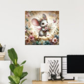Schattigee Muis Dragen Bloemen Waterverf Glitter Poster (Thuiskantoor)