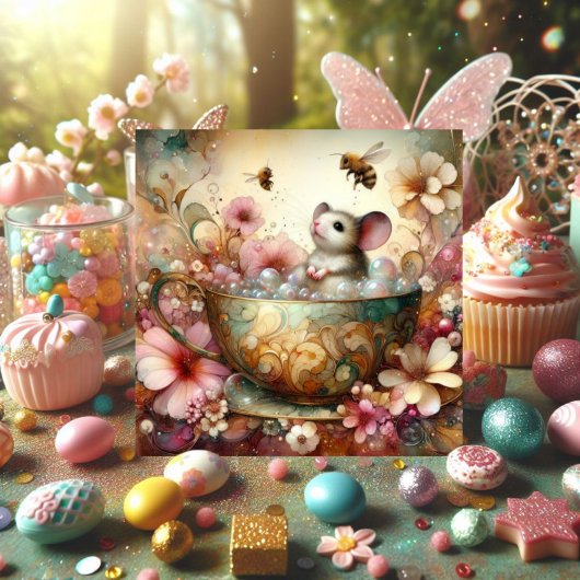 Schattigee Muis in theekopje Waterverf BloemenPase Feestdagenkaart