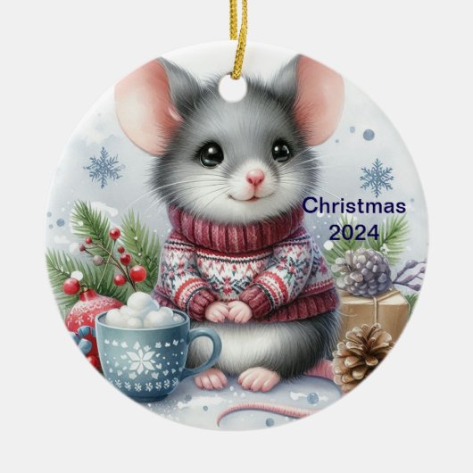 Schattigee muis kerstversiering keramisch ornament (Voorkant)