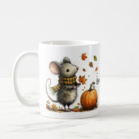 Schattigee muis met pompoen en bladeren Herfst est Koffiemok (Links)