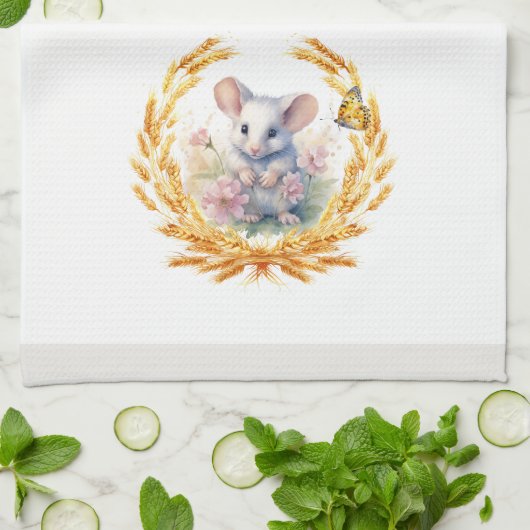 Schattigee Muis met Tarwe Keuken Handdoek Wit & Gr (Gevouwen)