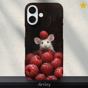 Schattigee Muis Peeking Raspberry Painting Aangepa iPhone 16 Hoesje