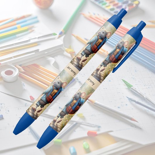 Schattigee muisjongen op weg naar school, geperson zwarte inkt pen