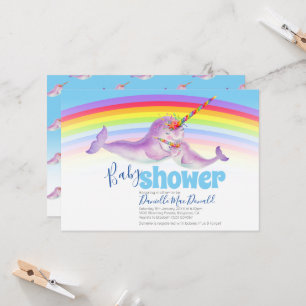 Schattigee narwal regenboog baby shower blauw rood kaart
